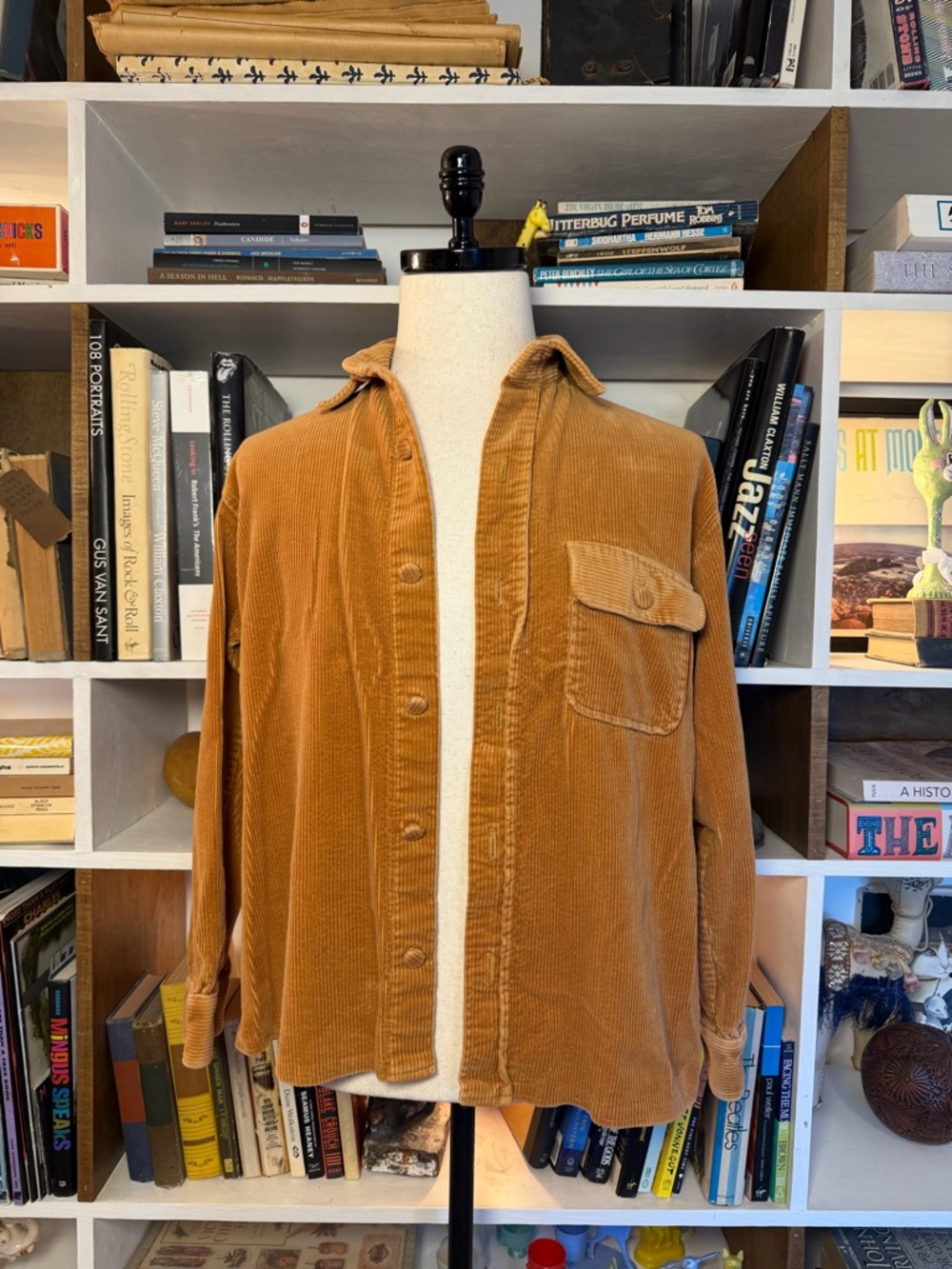 Corduroy Button-Front Shirt Jacket in Camel Brown